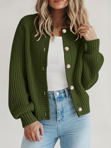PRETTYGARDEN Women's Chunky Knit Button Up Cardigan Sweaters Outerwear - color: Army Green, size: Medium