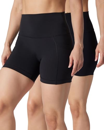 Yogalicious Womens 5”, 7” High Waisted Biker Shorts Squat Proof Workout Yoga Short 2 Pack - color: Black (W/Pocket) / Black (No Pocket) 5", size: Large