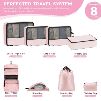 Compression Packing Cubes for Carry On Travel, 8-Piece Luggage Organizers - color: Pink-8 Set