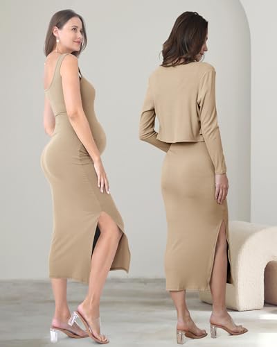 2 Piece Baby Shower Maternity Dress & Cardigan Set for Women - color: Light Coffee, size: Medium