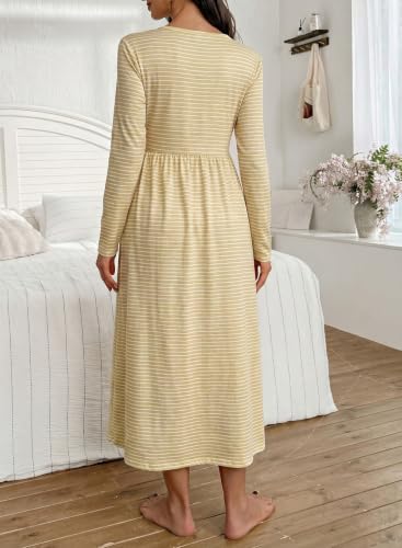BLENCOT Maternity Dress V Neck Long Sleeve Striped Button Down Maxi Dresses - color: Yellow, size: Medium