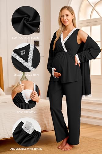 OUGES Womens Cotton Blend Maternity Nursing Robe Set 3 PCS Postpartum 3 in 1 Labor Delivery Hospital Pjs Tank Top & Pants - color: Black, size: X-Large