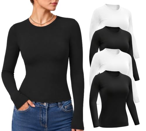 Dalavch 4 Pack Women's Long Sleeve Shirts Slim Fit Underscrub Tops - color: 2 Black 2 White ( Long Sleeve ), size: Medium