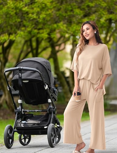 Maternity Lounge Set, 2 Piece Matching Set with Wide Leg Pants - color: Apricot, size: Large