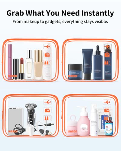 WANDF TSA Approved Toiletry Bag, 2 Pack Clear Makeup Bag - color: Orange, size: Pack of 2