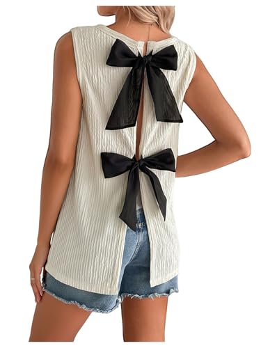 OYOANGLE Women's Maternity Bow Back Tank Top Textured Backless Crew Neck Y2K Pregnancy Summer Clothes - size: Medium