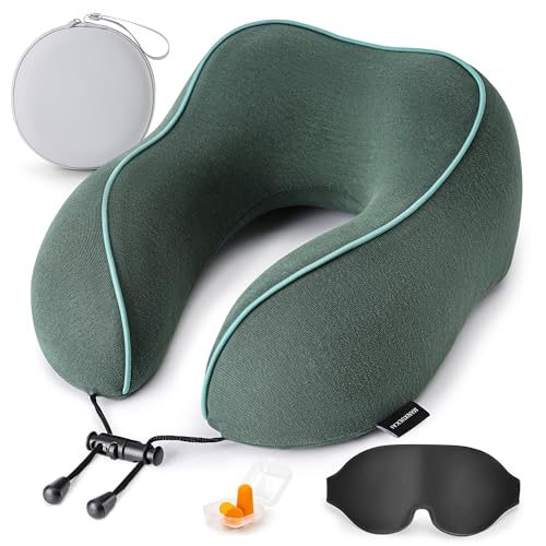 Travel Neck Pillow for Sleeping,100% Pure Memory Foam, Soft Head Support - color: Dark Green