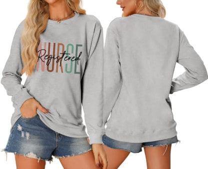 Registered Nurse Sweatshirt Women RN Nurse Life Crewneck Pullover - color: Grey, size: Large