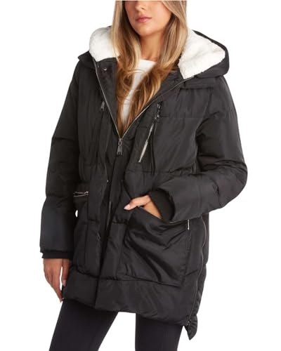 Steve Madden Womens Winter Jacket, Midlength Puffer Parka Coat, Sherpa Hood - color: Black, size: 1X