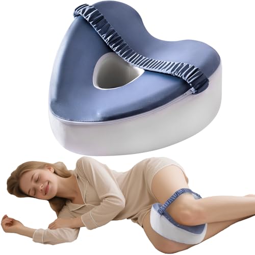 Leg & Knee Memory Foam Support Pillow for Side Sleepers, Cooling Cushion for Side Sleeping, Knee Pain Relief, Orthopedic Leg Pillow with Adjustable Strap, Removable Washable Blue and White Cover