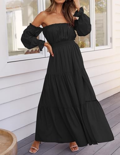 ZESICA Womens Fall Long Sleeve Boho Off Shoulder Maxi Dresses - color: Dark Black, size: Small