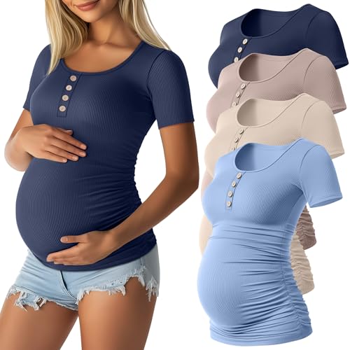 4 Pack Maternity Shirts for Women - color: Blue, Apricot, Mocha, Navy Blue, size: Medium