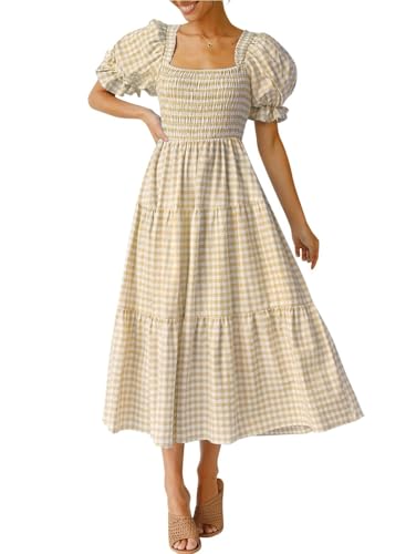 ZESICA Women's Summer Boho Gingham Puff Sleeve Square Neck Beach Midi Dress - color: Beige, size: Medium
