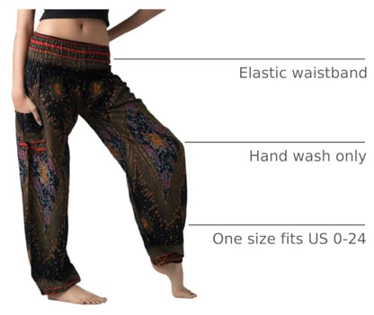 B BANGKOK PANTS Boho Harem Pants Women - color: Black Peacockeye, size: 16-20 Plus Extra Long