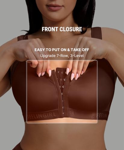 FeelinGirl Front Closure Post Surgery Compression Bra with Adjustable Straps Wireless Breast Augmentation Post Op Bras - color: Brown, size: Medium