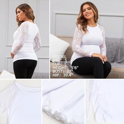 Women's Maternity Shirts Lace Long Sleeve Pregnancy Tops Tee Tunic Blouse Side Ruched Mama Clothes