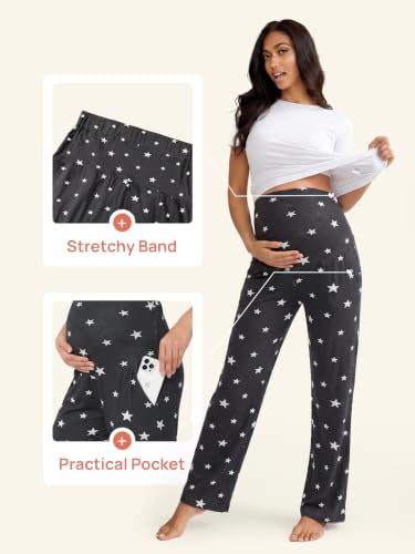 Summer Mae Viscose Maternity Pants Pregnancy Pajama Lounge Pant with Pocket - color: Midnight Stardust, size: XX-Large