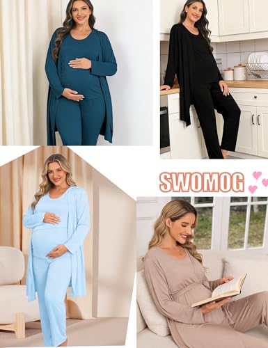 SWOMOG Maternity Nursing Robe Set 3 PCS Postpartum Breastfeeding Pajamas Lounge Hospital Pregnancy Pjs with Robe - color: Light Brown, size: Medium