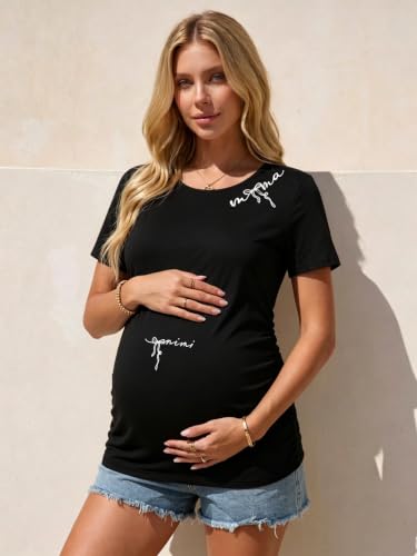 Maternity Shirts for Women Pregnancy Top Tees Crew Neck Graphic Side Ruched Casual Mama Clothes - color: Black, size: Medium