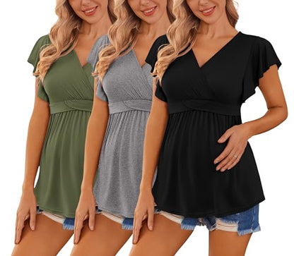 Ekouaer Maternity Shirts 3 Packs Nursing Tops Pregnancy Clothes - color: Army Green + Grey + Black(3pcs), size: Medium
