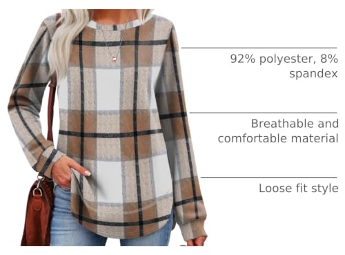 OFEEFAN Womens Sweaters Crew Neck Tunic Tops Long Sleeve Shirts Curved Hem - color: C-brown Plaid, size: Medium