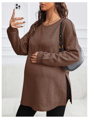 MakeMeChic Women's Maternity Sweatshirt Split Fall Maternity Clothes Tops - color: Brown, size: Small
