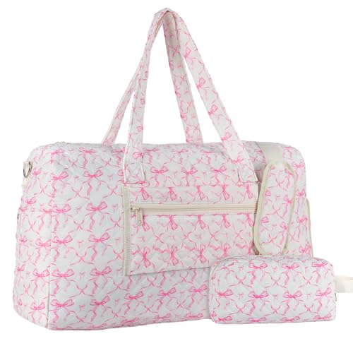 Quilted Pink Bow Duffel Bag,Weekender Bag With Shoe Compartment - color: Pink bow