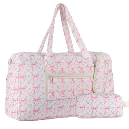 Quilted Pink Bow Duffel Bag,Weekender Bag With Shoe Compartment - color: Pink bow