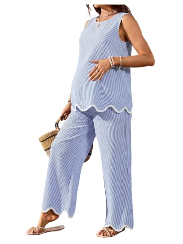 RoseSeek Women's Maternity 2 Piece Outfits Tank Top and Wide Leg Pants - color: Blue and White, size: Medium