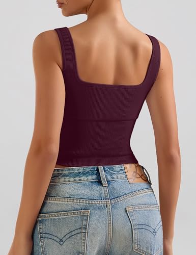 OLCHEE Womens 2 Pack Crop Tank Tops Square Neck Workout Top Padded - color: Plum + Light Pink, size: Large