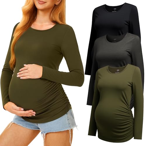 3 Pack Maternity Shirts Long Sleeve Crew Neck Pregnancy Top for Women - color: Black/Army Green/Dark Grey, size: Medium