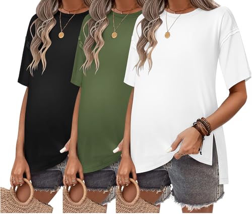 Ekouaer Maternity Shirts 3 Packs Short Sleeve Split Side Pregnancy Tops - color: Black/Army Green/White, size: Medium
