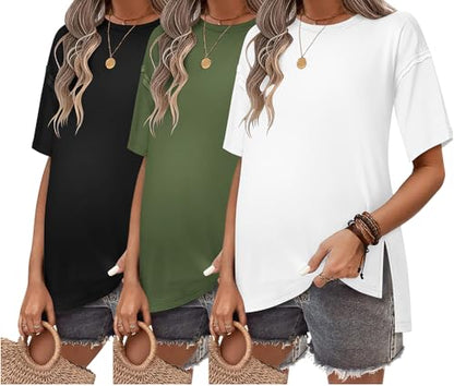 Ekouaer Maternity Shirts 3 Packs Short Sleeve Split Side Pregnancy Tops - color: Black/Army Green/White, size: Medium