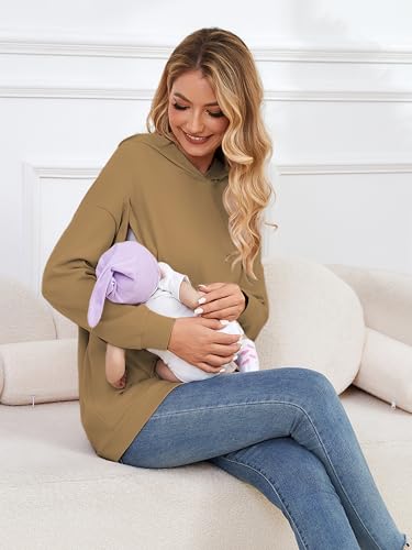 Ecavus Womens Nursing Sweatshirts for Breastfeeding Hidden Zipper Hoodie - color: Light Coffee, size: Small