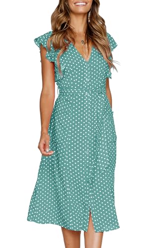 MITILLY Women's Boho Polka Dot Flutter Short Sleeve V Neck Button Down Swing Midi Dress with Pockets - color: 10 Sage, size: Small