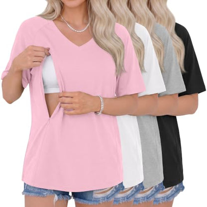 4 Pack Women's Nursing Short Sleeve Shirts - color: Pink, White, Light Gray, Black, size: XX-Large