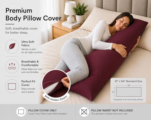 EVOLIVE Body Pillow Cover 21"x54", Microfiber, Hidden Zipper (Wine) - color: Wine