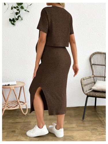 SHENHE Women's Maternity Ribbed 2 Piece Outfits Crop Top Bodycon Midi Skirt - color: Brown, size: Large