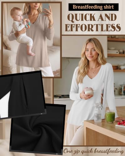 3 Pack Women's Nursing Breastfeeding Long Sleeve Shirts - color: Light Khaki, White, Black, size: Small