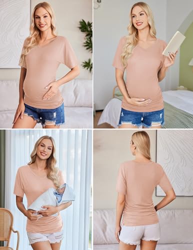 Ekouaer 3 Pack Maternity Shirts V Neck Pregnancy Tops Tunic Blouse Summer - color: Black/Grey/Pink, size: Medium