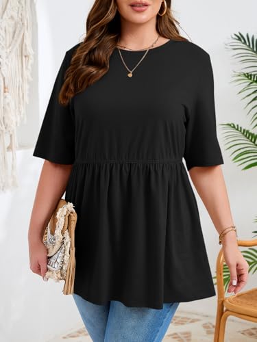 Beautife Womens Plus Size Babydoll Tops Summer Peplum Flowy Tunic Blouses - color: Black, size: 3X-Large Plus