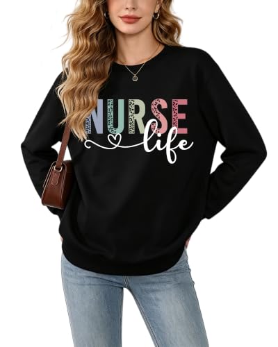 Registered Nurse Sweatshirt Women RN Nurse Long Sleeve Graphic Shirts - color: Black2, size: Medium
