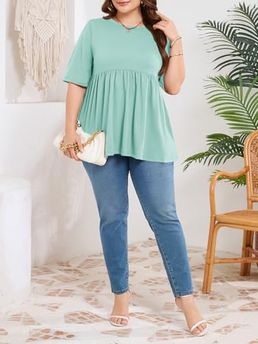 Cicy Bell Womens Babydoll Tops Plus Size Tunic Summer Flowy Peplum Shirts - color: Light Green, size: Medium