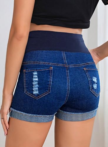 BLENCOT Maternity Jean Shorts Over Belly Stretchy Fold Hem Denim Pants - color: Sail Blue, size: Medium