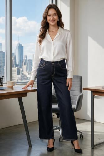 OUGES Women’s Maternity Jeans Adjustable Waistband Wide Leg Work Pants - color: Dark Blue, size: Large