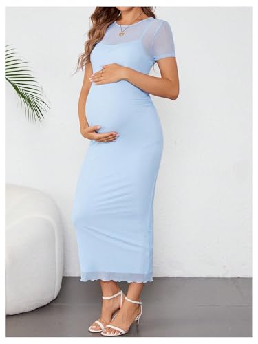 OYOANGLE Women's Maternity Sheer Short Sleeve Bodycon Dresses - color: Light Blue, size: Medium