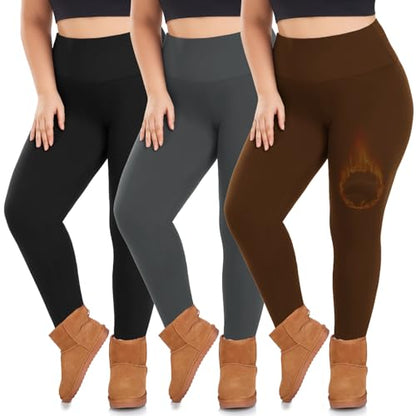 we fleece 3 Pack Plus Size Fleece Lined Leggings for Women - color: Black/Grey/Brown, size: X-Large
