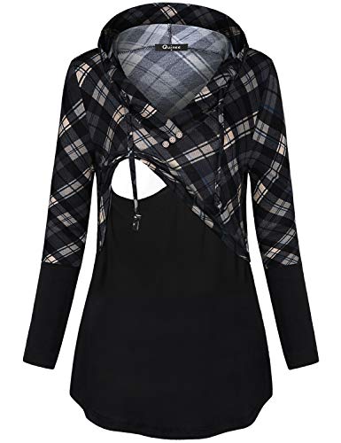 Quinee Women's Long Sleeve Plaid Colorblock Nursing Pullover Hoodie Sweatshirts - color: Black Grey Plaid, size: Medium