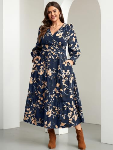 RWJ Women's Plus Size Fall Wedding Guest Dress Long Sleeve Maxi with Pocket - color: Navy Blue Floral, size: 3X-Large Plus