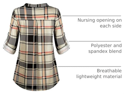 Joymom Maternity Rolled Long Sleeve Nursing Tops Tunic Blouses Breastfeeding - color: 1-1 Beige Plaid, size: X-Large